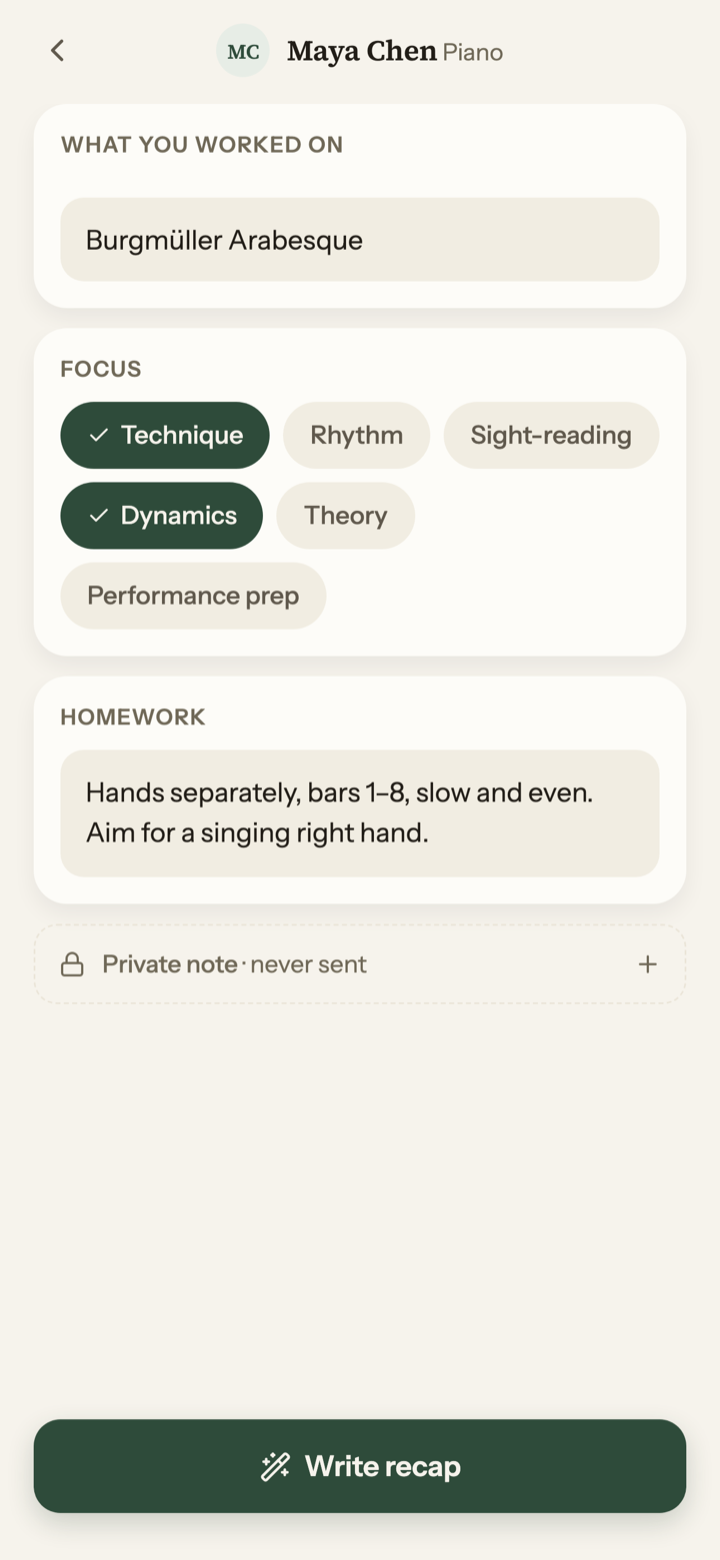 The create screen with lesson details as chips